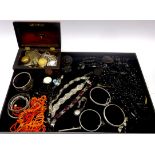 Collection of silver bangles and bracelets, stamped or hallmarked, coral necklaces, jet jewellery, v