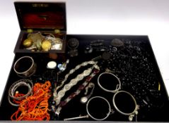 Collection of silver bangles and bracelets, stamped or hallmarked, coral necklaces, jet jewellery, v