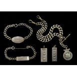 Silver tapering Albert T bar chain with clips and silver fob, two silver ignots and two silver ident