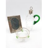 Dimpled glass flask with green handle and Edwardian silver collar Birmingham 1901, circular glass bo