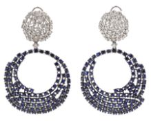 Pair of large 18ct white gold sapphire and diamond circular pendant earrings, stamped 750