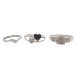 White gold heart design black and white diamond ring, and two diamond set rings, all 9ct hallmarked