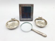 Small silver 999 standard table photograph frame 10cm x 8cm,, magnifying glass with silver handle an