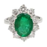 White gold oval emerald and round brilliant cut diamond ring, stamped 750, emerald approx 2.80 carat