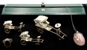Silver rose quartz pendant necklace, three silver graduating Chinese rickshaws, silver glass set rin