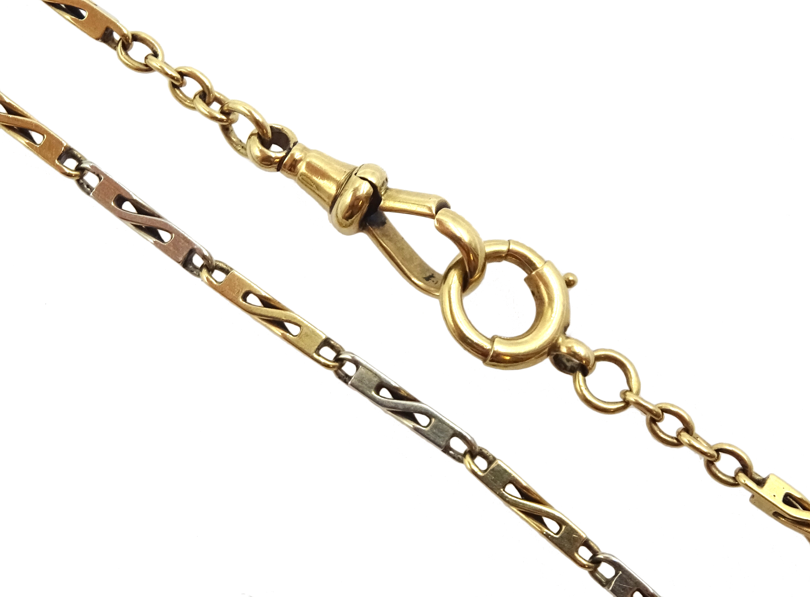 White and yellow gold link watch chain with sliding T bar, stamped 9ct, makers mark J G & S - Image 3 of 3