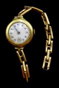 Swiss 18ct gold manual wind wristwatch, case by Stockwell & Co, London import marks 1919, on gold ex