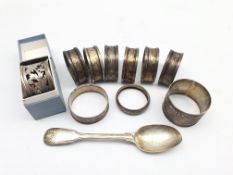 Number of early 20th century silver serviette rings and a William IV silver teaspoon 5.2oz