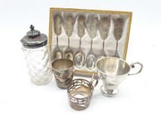 Set of six Chinese white metal tea spoons, small beaker with dragon decoration and character mark to