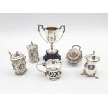 Indian white metal mustard pot and pepperette embossed with figures, similar cauldron salt and cover