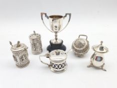 Indian white metal mustard pot and pepperette embossed with figures, similar cauldron salt and cover