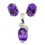 Pair of 9ct white gold oval amethyst stud earrings and a 9ct gold amethyst and diamond pendant, all