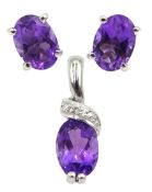 Pair of 9ct white gold oval amethyst stud earrings and a 9ct gold amethyst and diamond pendant, all