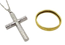 Platinum cross on 18ct white gold chain and a 22ct gold ring, all hallmarked