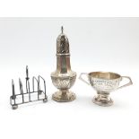 Silver panel sided sugar castor Chester 1921, small silver two handled trophy and a four division to