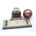 Edwardian silver inkstand with inkwell in the form of a cricket ball and with presentation plaque W1