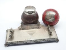 Edwardian silver inkstand with inkwell in the form of a cricket ball and with presentation plaque W1