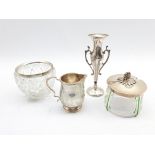 Silver baluster cream jug Birmingham 1969, silver two handled vase H16cm, cut glass vase with silve