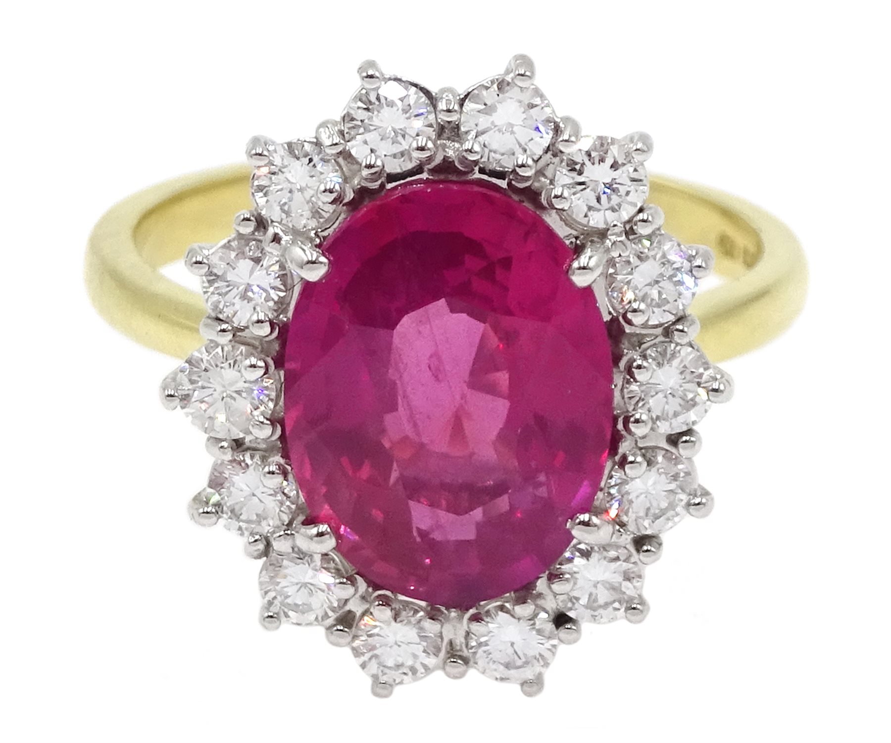 18ct gold pink sapphire and diamond cluster ring, hallmarked, sapphire approx 3.10 carat