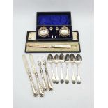 Cased pair of silver salts with spoons by John Millward Banks, Chester 1903, pair of engraved silver
