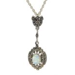 Silver opal and marcasite pendant necklace, stamped 925