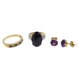 Gold oval briolette cut black onyx ring with diamond set shoulders, gold sapphire and diamond half e