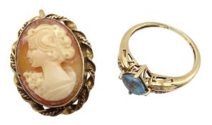 Gold blue topaz ring and a gold cameo pendant brooch, both 9ct stamped or hallmarked