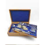 Canteen of plated cutlery for six covers with engraved stems and bone handled knives in oak box 58 p
