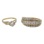 Gold cubic zirconia three row ring and a gold cubic zirconia single stone ring, both hallmarked 9ct