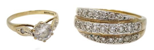 Gold cubic zirconia three row ring and a gold cubic zirconia single stone ring, both hallmarked 9ct