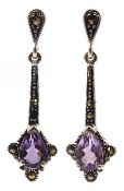 Pair of silver amethyst and marcasite pendant earrings, stamped 925