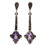 Pair of silver amethyst and marcasite pendant earrings, stamped 925