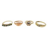 Gold single stone diamond ring, two gold stone set rings and a gold signet ring, all hallmarked 9ct