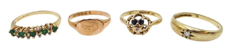 Gold single stone diamond ring, two gold stone set rings and a gold signet ring, all hallmarked 9ct
