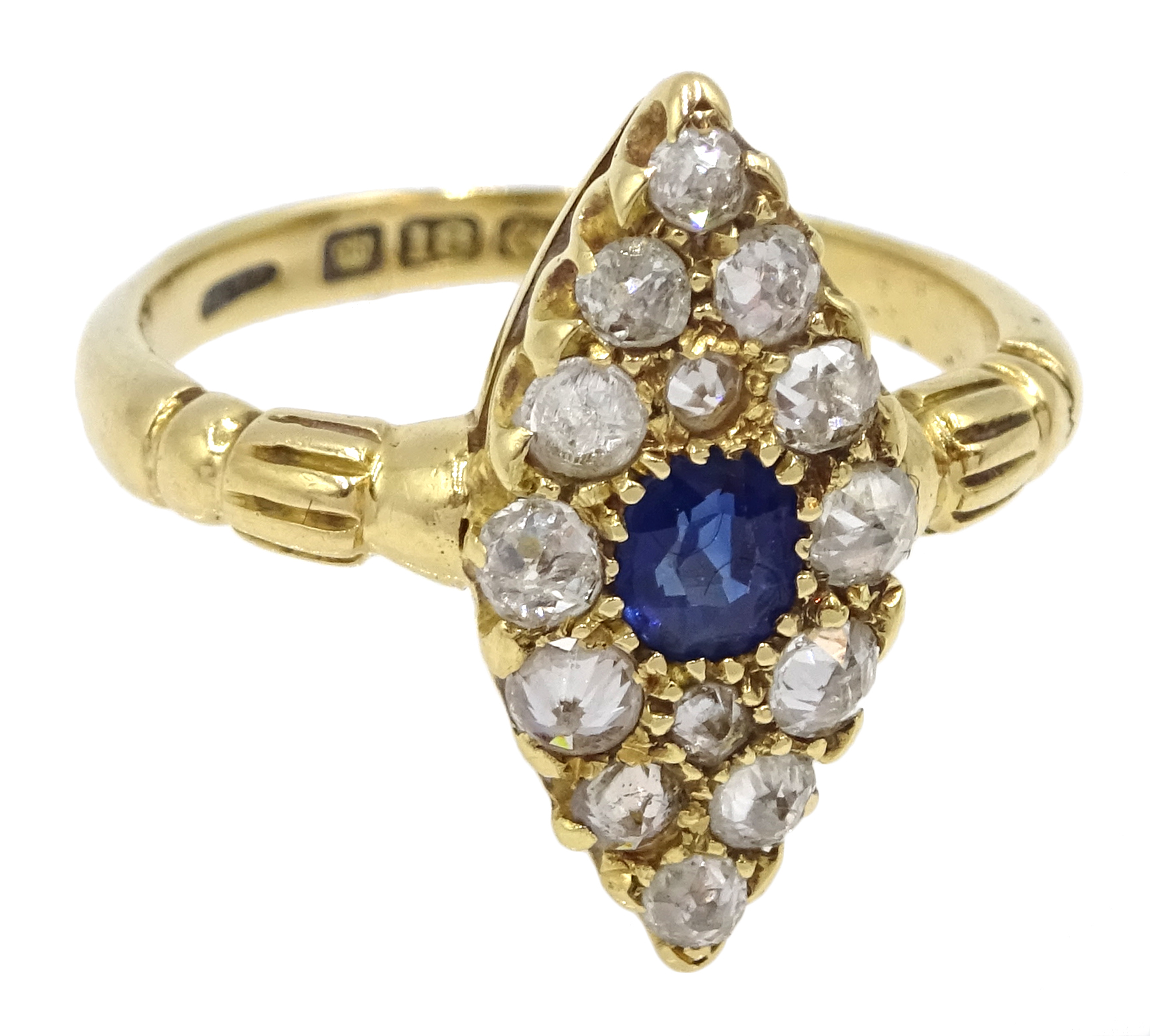 18ct gold diamond and sapphire marquise shaped ring, hallmarked - Image 6 of 7