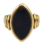 Victorian 18ct gold marquise cut bloodstone signet ring, Birmingham 1885