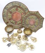 Indian embossed brass circular tray D41cm, octagonal brass tray, other Indian brassware, horse bras