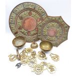 Indian embossed brass circular tray D41cm, octagonal brass tray, other Indian brassware, horse bras