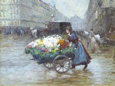 Johnny Gaston (British 1955-): The Flower Seller 'Paris', oil on panel signed, titled and dated '74,