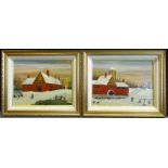 W Tippings (Dutch late 19th century): Barns in Snow, pair naive oils on board signed and dated 1893,