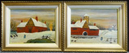 W Tippings (Dutch late 19th century): Barns in Snow, pair naive oils on board signed and dated 1893,