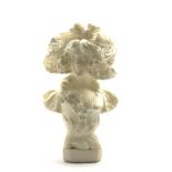 Carved alabaster bust of a woman wearing a lace bonnet on acanthus carved socle base, indistinctly