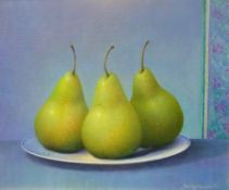 Trisha Hardwick (British 1949-): Still Life of Pears on a Plate, oil on canvas signed 25cm x 29cm