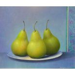 Trisha Hardwick (British 1949-): Still Life of Pears on a Plate, oil on canvas signed 25cm x 29cm