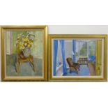 Anne Williams (British 20th century): 'Chair with Honesty' and 'Sitting Room', two oils on board sig