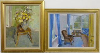 Anne Williams (British 20th century): 'Chair with Honesty' and 'Sitting Room', two oils on board sig