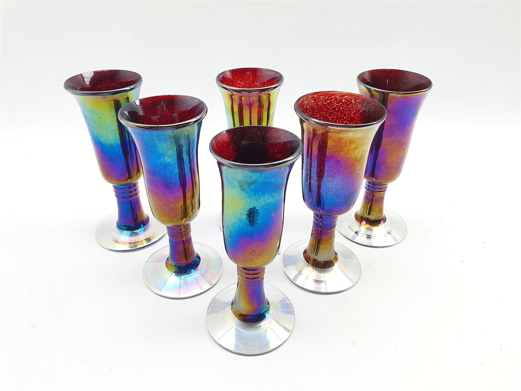 Set of six John Ditchfield Glasform iridescent goblets 19cm (6)