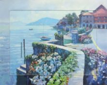 After Howard Behrens (American 1933-2014): Lake Como, hand embellished print on canvas 76cm x 95cm