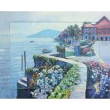 After Howard Behrens (American 1933-2014): Lake Como, hand embellished print on canvas 76cm x 95cm