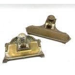 Early 20th Century brass inkstand with glass block inkwell and traces of the original plate W20cm an